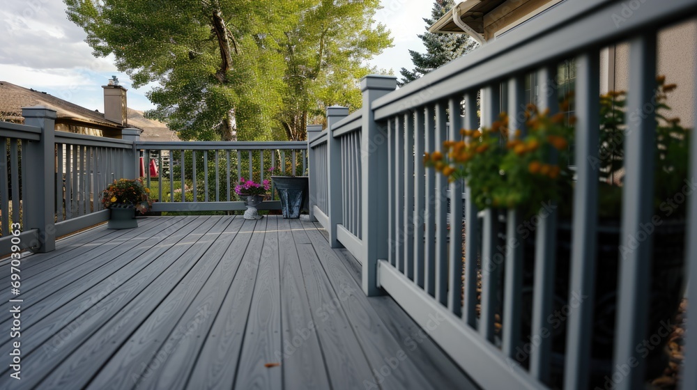 Stained Wood Deck Construction. Grey Painted Structure in a Home Backyard