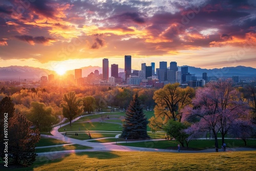 Denver City Park: Morning Glow over Mountains and Skyline #697039062