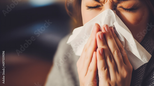 Une femme qui a la grippe se mouche dans un mouchoir. photo