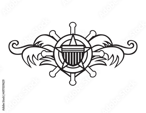 Mascot illustration of helm with star shield and waves viewed from front  on isolated white background done in black and white retro.
 style.