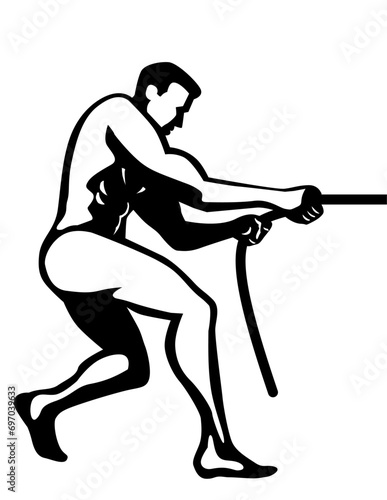 Retro style illustration of a nude athletic and muscular male pulling or tugging a rope engaged in tug of war viewed from side on isolated background done in black and white.