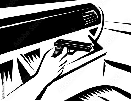 Retro woodcut style illustration of a hand of driver reaching for gun in glove box or glove compartment of car or automobile located in front seat passenger's footwell done in black and white.

