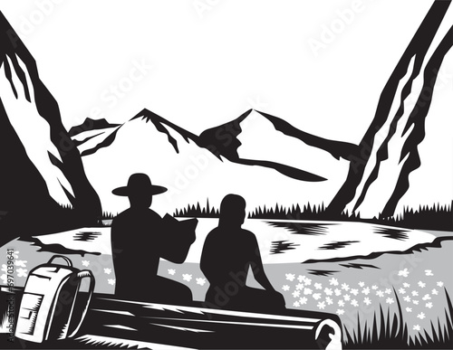 Retro woodcut style illustration of a male and female hiker tramper sitting on log reading with backpack leaning against log looking at meadow, small glacier lake with steep cliffs and mountains.
 photo