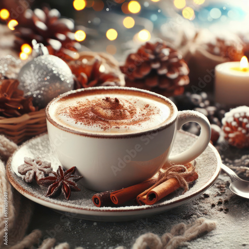 A delicious cup of cappuccino on a saucer, ready to be enjoyed. Cozy winter background. ai generative