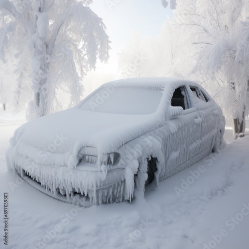 The car, covered with snow and icy, is standing in a field in a snowdrift.