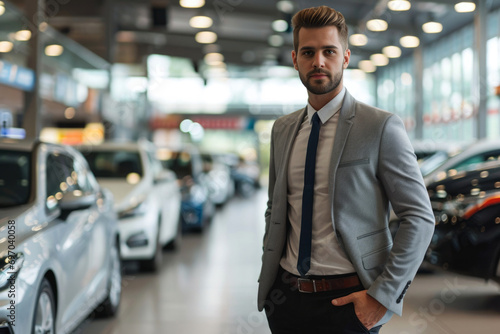 Car salesman posing at a car dealership