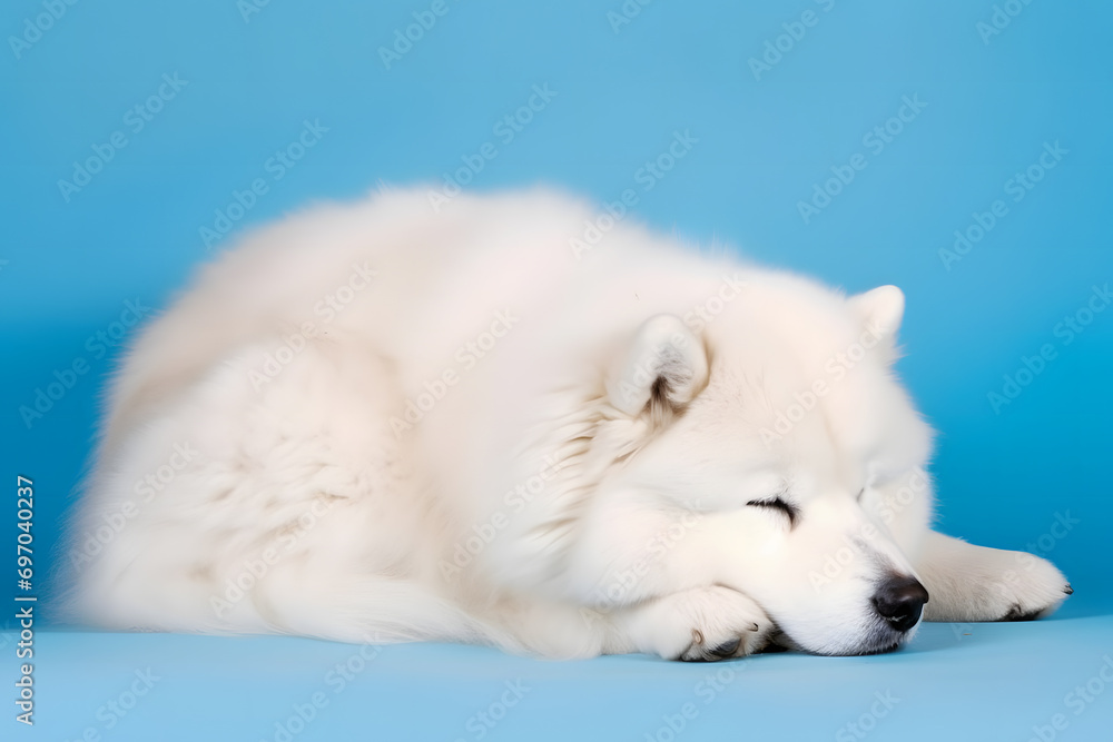 Cute Samoyed dog on blue color background. Neural network AI generated art