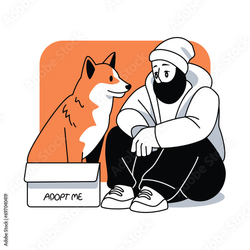 Homeless man sitting with a stray dog in box Vector illustration in flat line cartoon style