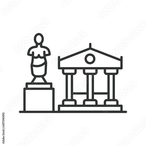Museum icon line design. Art museum, exhibition, gallery, historic, ancient, museum tour, exhibit hall, gallery space vector illustration. Museum editable stroke icon.