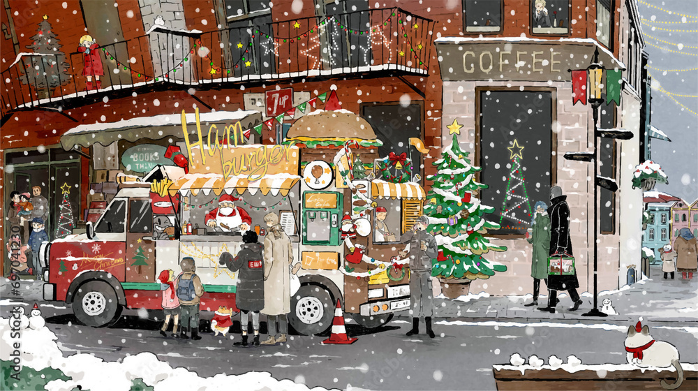 Naklejka premium Christmas card with Santa Claus and gifts original art happy Christmas