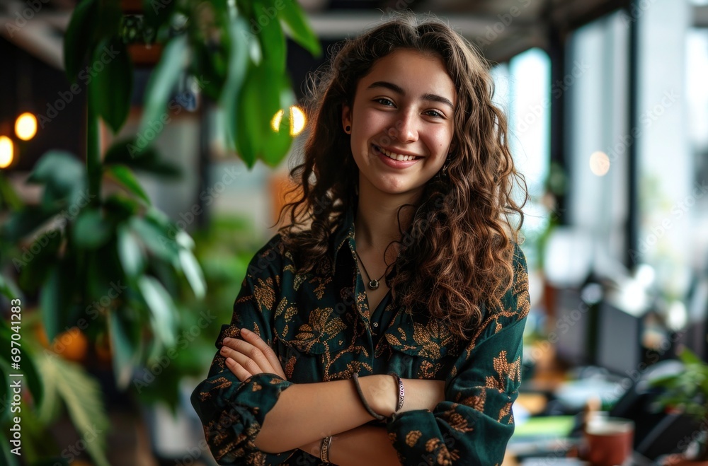 Fototapeta premium young woman in office smiling with her arms crossed