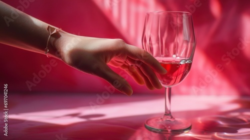 woman's hand reaching towards glass of wine with finger on pink photo