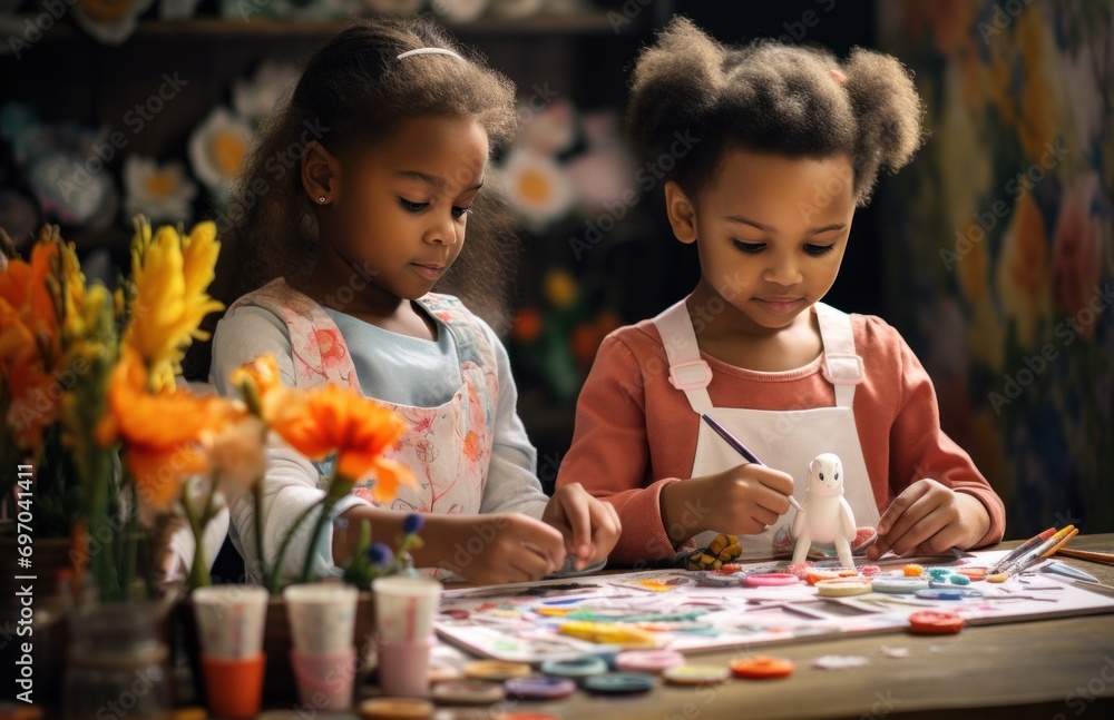 two young children painting at the table in easter outfits two young children painting at the table in easter outfits