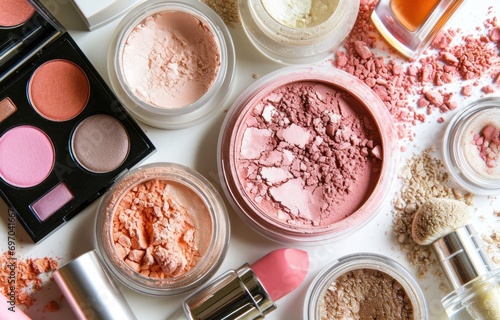 various makeup products is shown in a circle on a white background