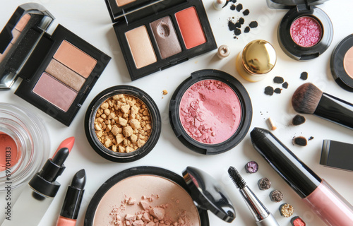 various makeup products is shown in a circle on a white background
