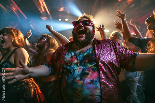 A group of fat overweight people are dancing together in disco club. Young plus-size man in front. photo