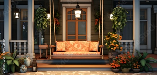 A classic front porch with a porch swing, potted flowers, and a welcoming atmosphere