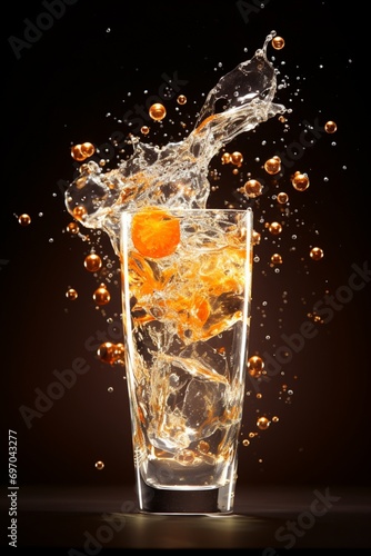 A clear glass filled with effervescent bubbles rising in a fizzy drink