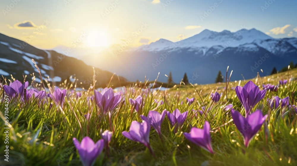 copy space, stockphoto, beautiful alpine meadow with wild purple narcisses during spring time, warm morning light. View on wild crocus flowers in the alps during sunrise. Early morning alpine langscap - obrazy, fototapety, plakaty 