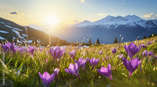 copy space, stockphoto, beautiful alpine meadow with wild purple narcisses during spring time, warm morning light. View on wild crocus flowers in the alps during sunrise. Early morning alpine langscap