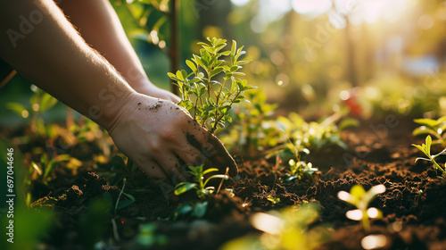 Person planting trees or working in community garden promoting local food production and habitat restoration, concept of Sustainability and Community Engagement #697044646