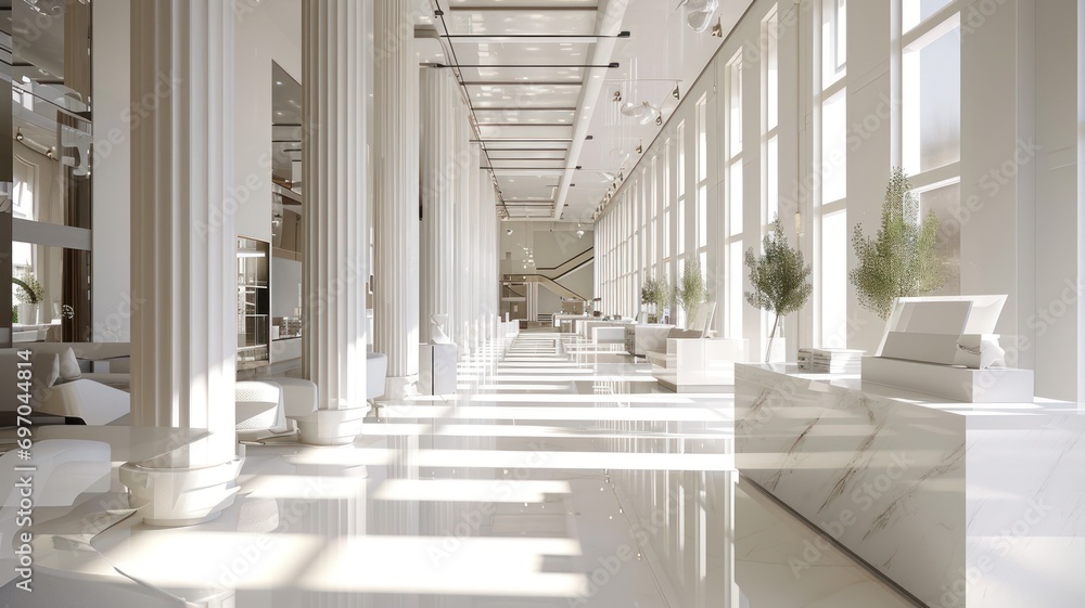White Minimal Cosmetic Showroom with Elevated Greek Columns and Natural Light White Minimal Cosmetic Showroom with Elevated Greek Columns and Natural Light