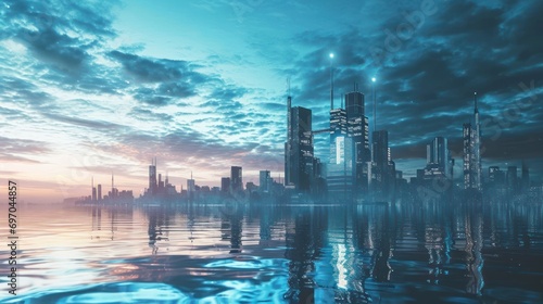 Futuristic Data Lakehouse with Holographic Cityscape on Serene Lake photo