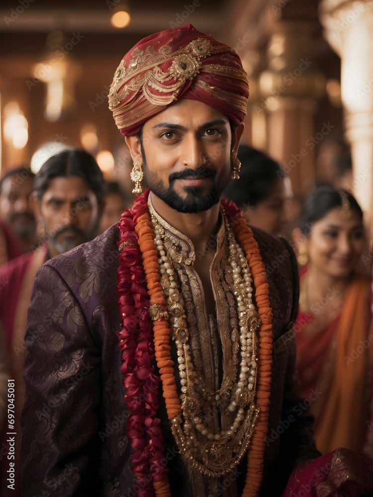 A shy and handsome Indian groom dressed in traditional attire, his face expressing the depth of emotion in this meaningful moment, blending cultural richness and personal significance.