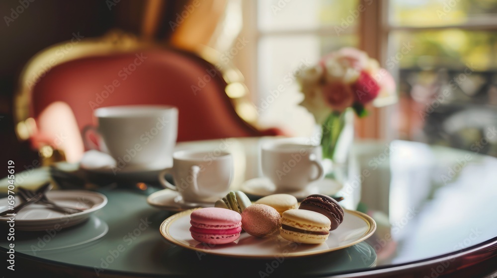 Macaroons and coffee in Stylish Hotel Room, Minimalist Elegance, White and Pastel Colors