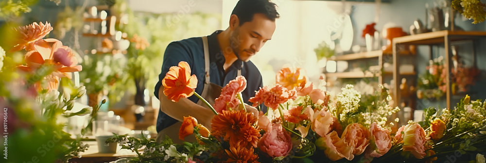 Image of a man working in a nice florist shop. - obrazy, fototapety, plakaty 