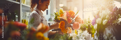Image of a woman working in a nice florist shop. photo