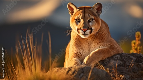 A majestic cougar on a rocky outcrop at sunset