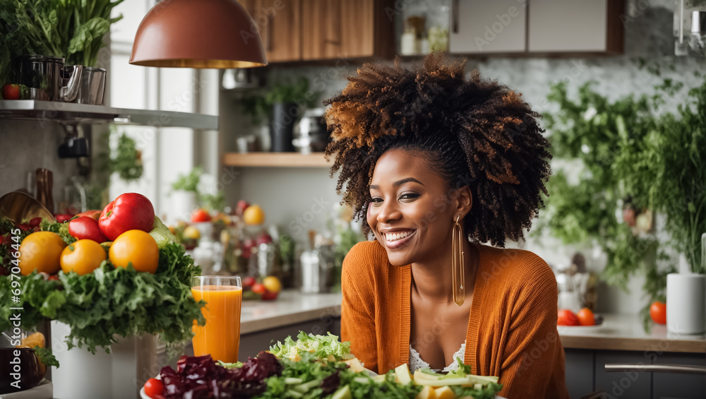 Beautiful afro american girl in the kitchen with different vegetables ...