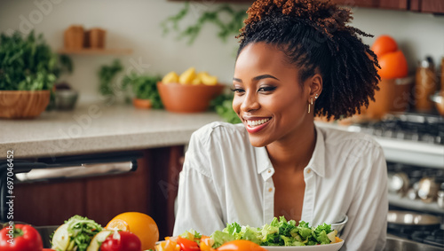 Beautiful afro american girl in the kitchen with different vegetables and fruits dieting