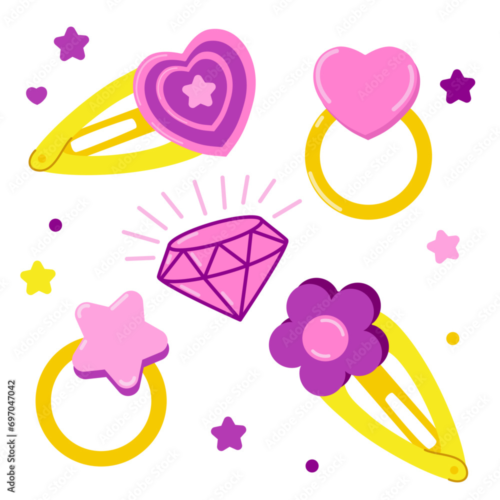 Kids jewelry set. Cute hairpins and rings. Flat vector illustration Kids jewelry set. Cute hairpins and rings. Flat vector illustration