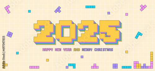 Merry Christmas and a Happy New Year 2025. Geometric retro-style 90s background. Vector illustration photo