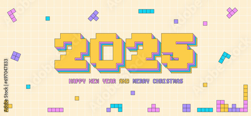 Merry Christmas and a Happy New Year 2025. Geometric retro-style 90s background. Vector illustration