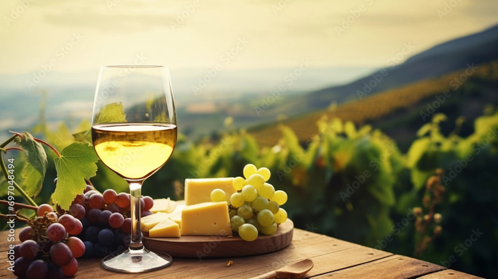 copy space, stockphoto, Grape wine in glass , Bunch of grapes on the table and cheese. Vineyard in the background. Concept of summer or autumn. National Drink Wine Day.