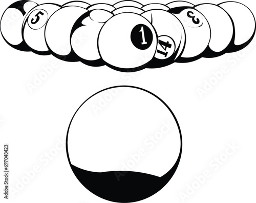 Cartoon Black and White Isolated Illustration Vector Of Racked Billiards Pool Balls