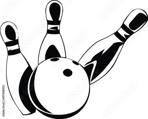 Cartoon Black and White Isolated Illustration Vector Of A Bowling Ball Knocking Down 3 Bowling Pins