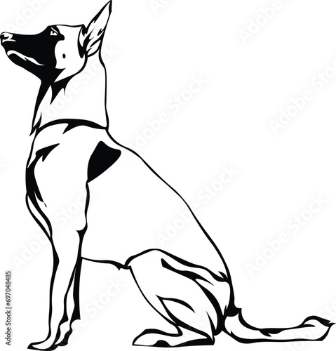 Cartoon Black and White Isolated Illustration Vector Of A Pet Belgium Malinois Puppy Dog Sitting Down