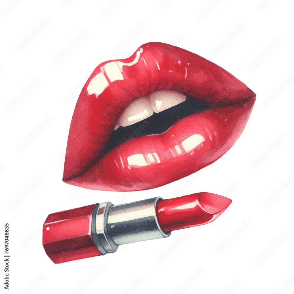 Obraz premium red sexy woman lips with lipgloss watercolor paint for fashion beauty card decor