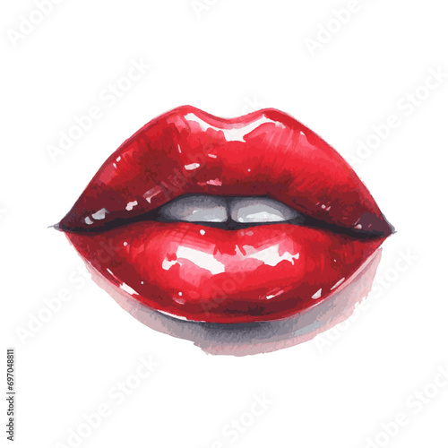 red sexy woman lips with lipgloss watercolor paint for fashion beauty card decor