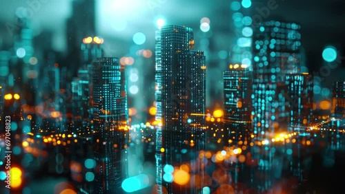 cyberpunk neon city skyline with electricity abstract lines and matrix code photo