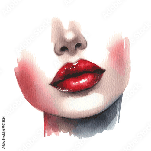 red sexy woman lips with lipgloss watercolor paint for fashion beauty card decor