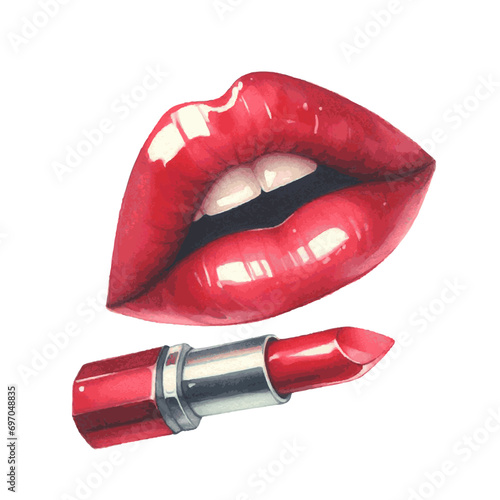 red sexy woman lips with lipgloss watercolor paint for fashion beauty card decor