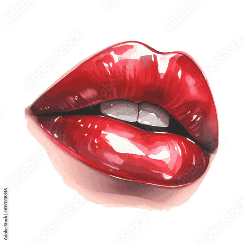 red sexy woman lips with lipgloss watercolor paint for fashion beauty card decor