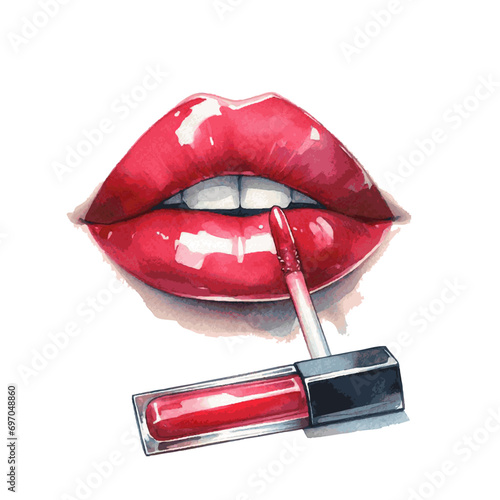 red sexy woman lips with lipgloss watercolor paint for fashion beauty card decor