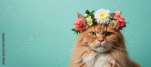 Portrait of a cute cat wearing a crown of white and pink flowers on a turquoise background. Spring backdrop with copy space.