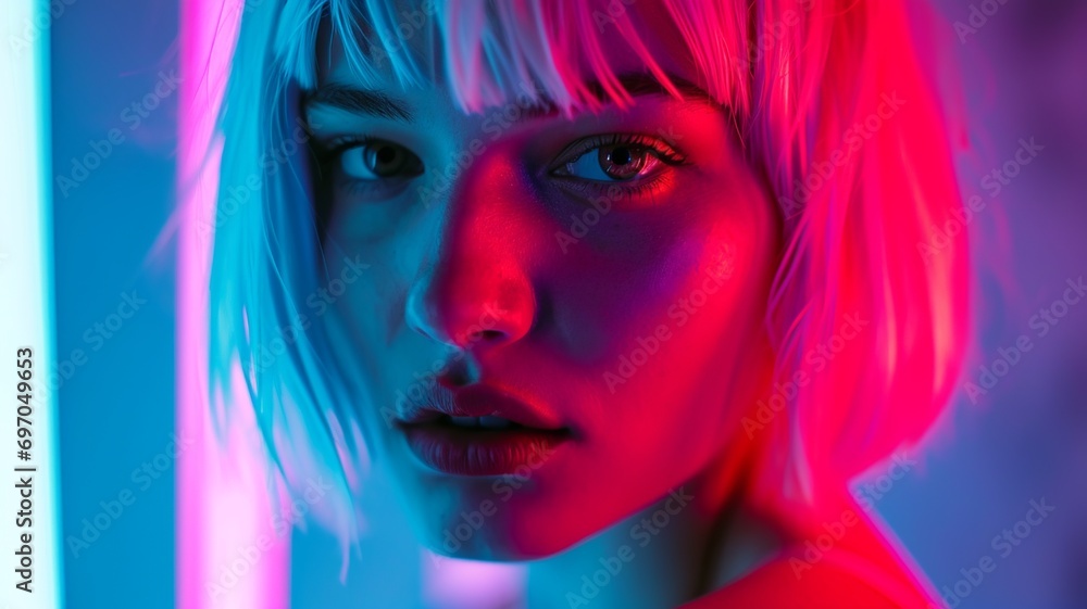 Fototapeta premium Neon Glow: High Fashion Model with White Wig in Studio